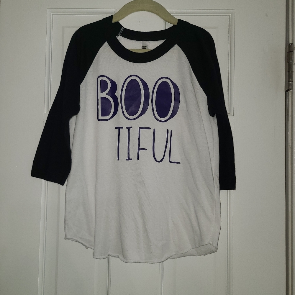 Handmade Bootiful Halloween Raglan Shirt Size 6 American Apparel HTV Black White